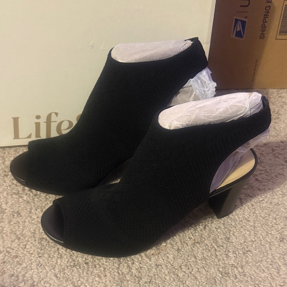 Life Stride Black Knit Peep-Toe Block Heel Bootie - Picture 7 of 10